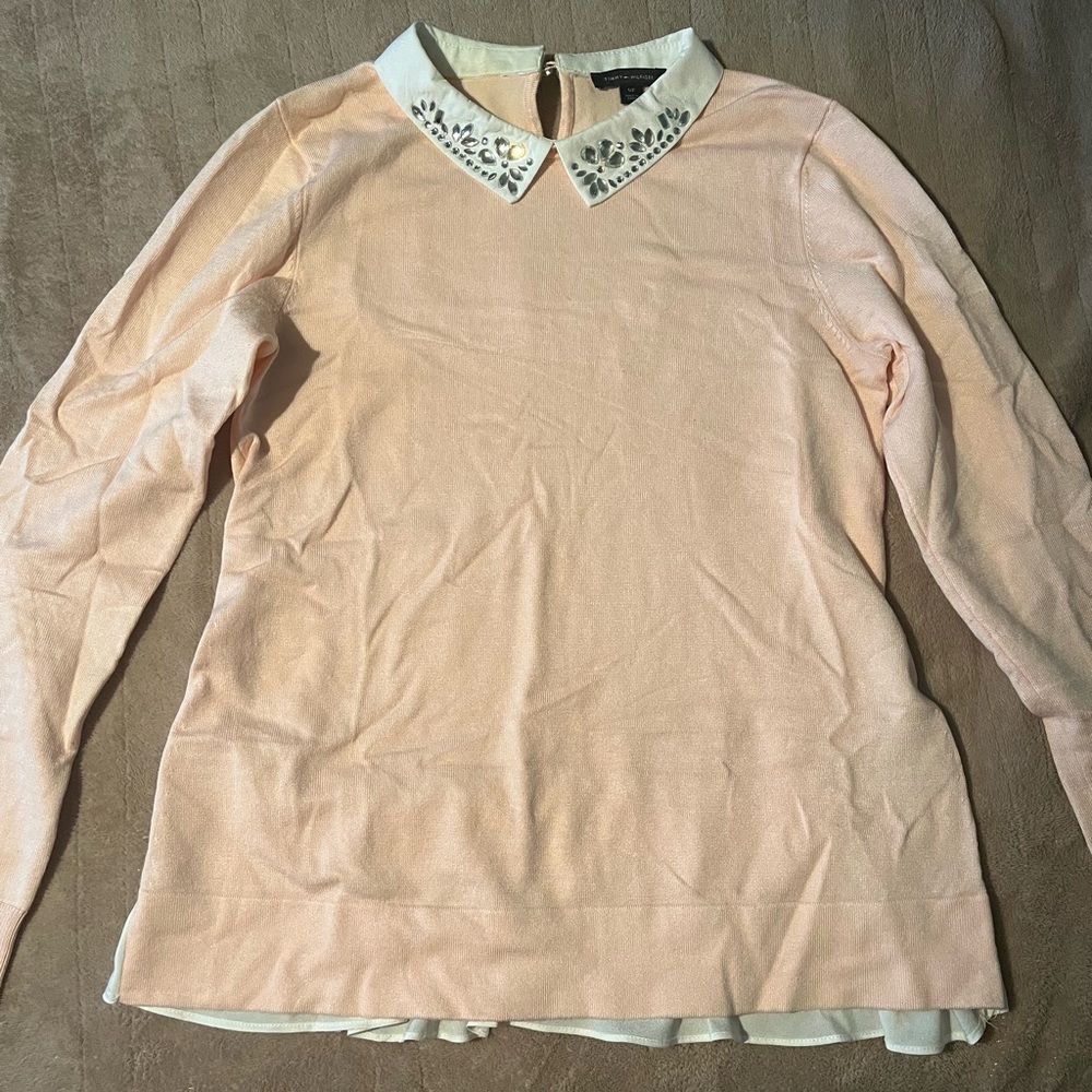 Tommy Hilfiger Light Pastel Pink w/ White Rhinestone Jewel Collar Sweater Blouse
